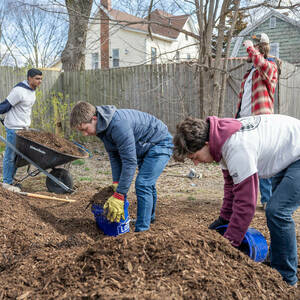 Notre Dame students spread mulch around homes in South Bend as part of Mulch Madness